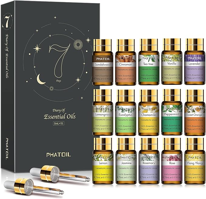 PHATOIL Essential Oils Gift Set 15 x 5ml, Pure Essential Oil Aromatherapy Oil for Skin Care, Hair Care, Bath, Ideal for Humidifier, Diffuser, Relax