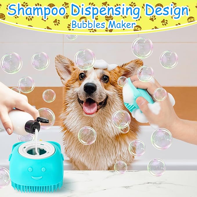 Ponpon 3PCS Dog Bath Brush with 4Pcs Toothbrush, Scrubber and Shampoo Brush with Adjustable Ring Handle, Shower Brush for Long and Short Hair