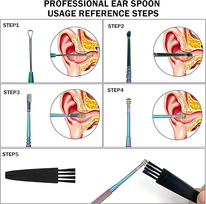 Hion 8 Pcs Ear Wax Removal Kit,Professional Double-Headed Ear Pick Earwax Removal Tools,316L Stainless Steel Ear Cleaner Curette with Cleaning Brush and Storage Box,Suit for Kid Adult(Colorful)