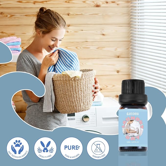 Clean Fragrance Oils Set, AVEOIRA Essential Oils Set for Diffuser, Candle, Soap Making Scented Oils, Fresh Linen, Cool Mint, Soap Bubble, Laundry Day, Soft Powder, Fresh Cotton, 6x10ml