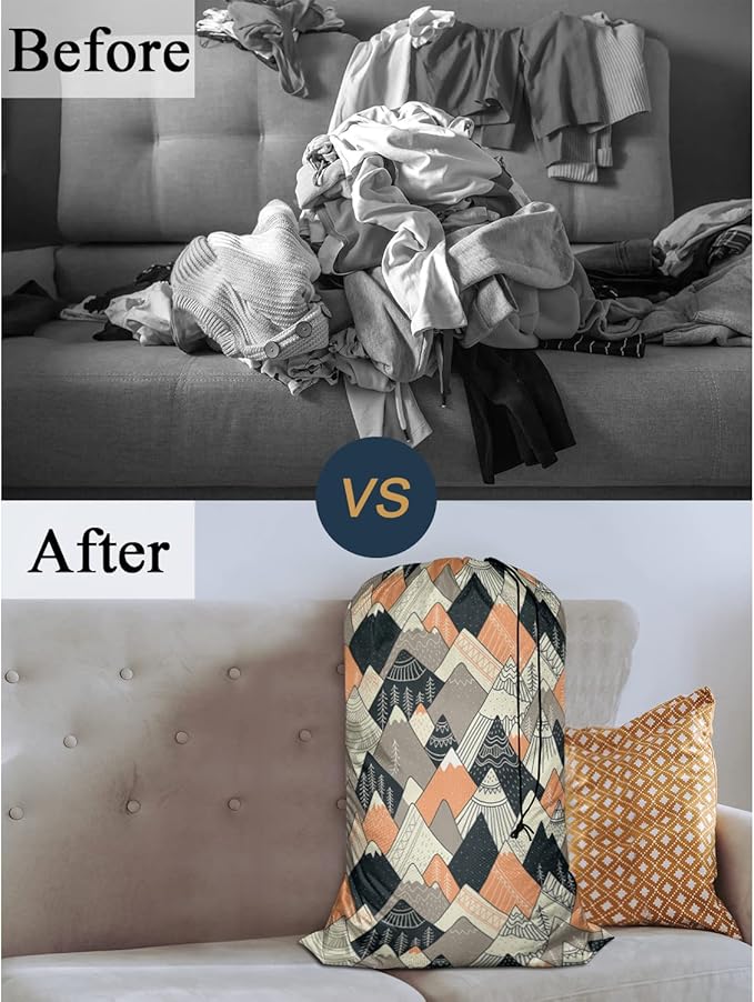 Swono Mountains Large Travel Laundry Bag - Washable Wet/Dry Bag for Dirty Clothes - Scandinavian Style Landscape Tree Boho Art - 28x40 Inch