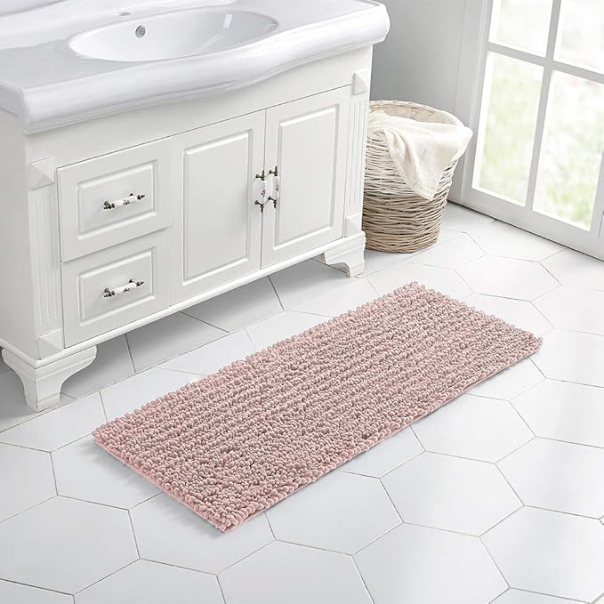 Walensee Large Bathroom Rug Non Slip Bath Mat (24x60 Inch Dusty Pink) Water Absorbent Super Soft Shaggy Chenille Machine Washable Dry Extra Thick Perfect Absorbant Best Plush Carpet for Shower Floor
