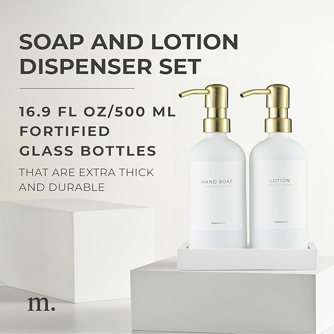 MaisoNovo Soap Dispenser 3-Piece Set | 16.9oz White Bottles with Gold Stainless Steel Pumps