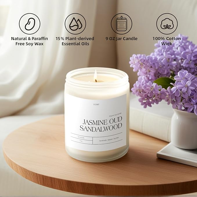 Jasmine, Oud & Sandalwood Scented Candles for Home, Natural Soy Wax Aromatherapy Non Toxic Candle Gifts for Women Men, Home Fragrance Decoration Glass Jar Candle for Relaxation (9oz White