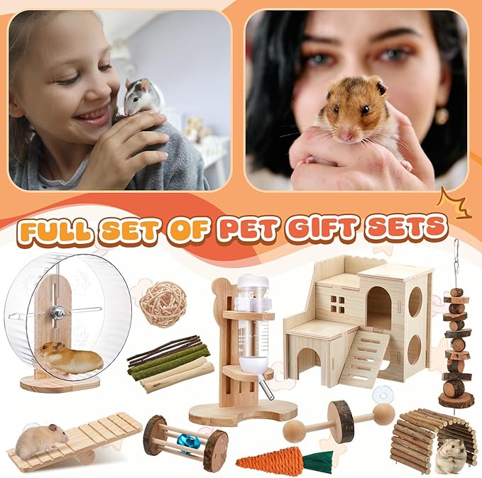 18 Pcs Hamster Cage Accessories, Silent Hamster Wheel, 15 Chew Toys Set, Maze Wood House and Water Bottle Set for Rat Mice Small Animals Habitat (Fun Interactive Style)