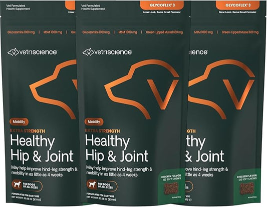 VetriScience Extra Strength Healthy Hip & Joint Chews, GlycoFlex Glucosamine & Green-Lipped Mussel Support Supplement for Dogs, Promote Mobility & Soothe Joint Discomfort, Chicken, 3 Pack