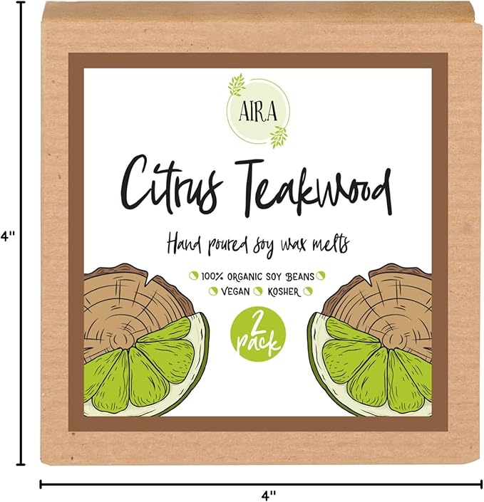 Aira Soy Wax Melt - Organic, Vegan, Kosher, Scented Soy Wax Cubes w/Essential Oil Blends - No Chemical 100% Soy Wax Melts for Electric/Tealight Melters - Handmade Soy Tarts - Citrus Teakwood - 2 Pack