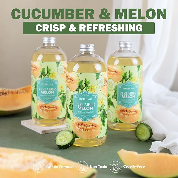 ROMIIE ZOI Liquid Hand Soap Refills Gift Set – Cucumber & Melon Scent – 3 x 26 Fl Oz Bottles – Plant-Based, Non-Toxic, Eco-Friendly & Moisturizing Formula – for Bathroom, Kitchen & Home Gifting