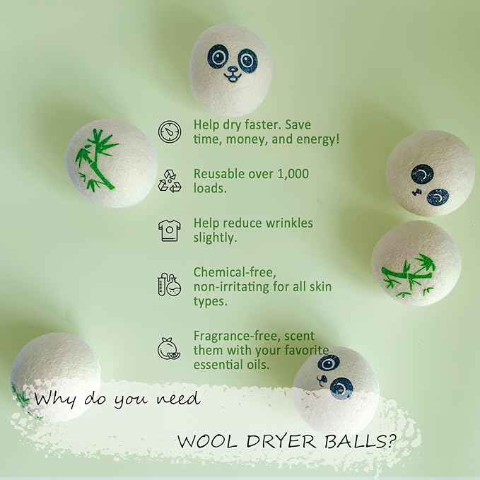 Wool Dryer Balls Laundry Reusable, 100% Natural New Zealand Wool Balls for Dryer, 6 in 1 Pack (Panda)
