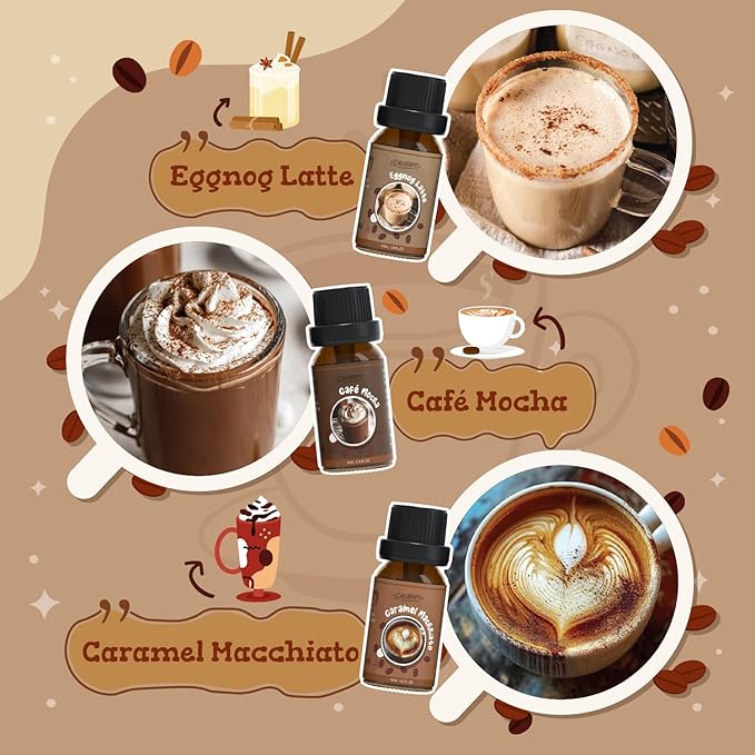 SALUBRITO Coffee Fragrance Oils Set, Premium Essential Oils for Diffuser, Candle, Soap Making, Blueberry Muffin, Eggnog Latte, Caramel Machhiato, Cafe Mocha, French Vanilla, Hot Chocolate, Scented Oil