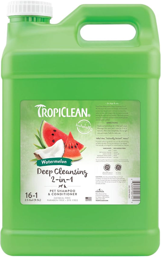 TropiClean 2-in-1 Dog Shampoo and Conditioner, Professional Dog Shampoo, Puppy Safe, Moisturizing Detangler, USA Made, Watermelon Scent, 2.5 Gallon