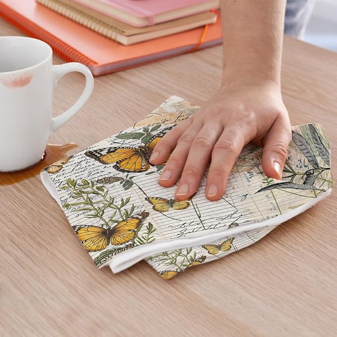 2 Pcs Vintage Butterfly Kitchen Towels, Rustic Botanical Decorative Absorbent Microfiber Dish Cloth Tea Towel, Artistic Waffle Soft Hand Towels for Farmhouse Home Bathroom, Butterfly Gifts 1