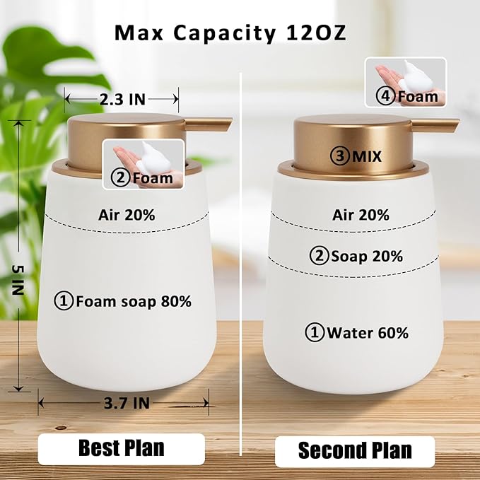 Soap Foaming Dispenser Ceramic with Easy-to-Press Pump Hand Foam Dispenser for Shampoo Bathroom Kitchen Hotel 12 oz