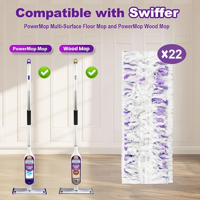 22 Count Disposable Power Mop Refills Compatible with Swiffer PowerMop Multi-Surface Floor Mop and Swiffer PowerMop Wood Mop, Power Mop Pads for Floor
