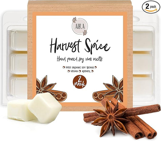 Aira Fall Wax Melt - Organic, Vegan, Kosher, Scented Soy Wax Cubes w/Essential Oil Blends - No Chemical 100% Soy Wax Melts for Electric/Tealight Melter - Hand-Poured Soy Tarts - Harvest Spice -2 Pack