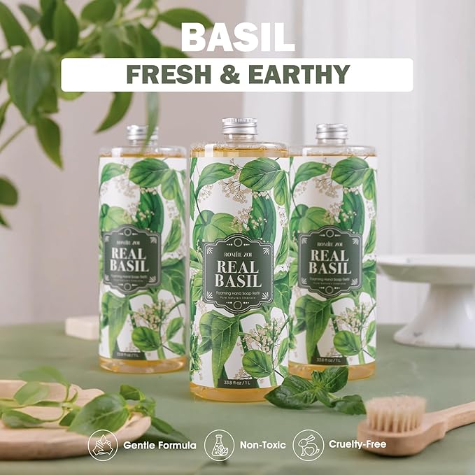 ROMIIE ZOI Basil Foaming Hand Soap Refill Gift Set – 3 Pack (33.8 Fl Oz Each) with Refillable Dispenser – Gentle, Moisturizing, Plant-Based Formula – Bulk Refill Bottles for Bathroom & Kitchen Use
