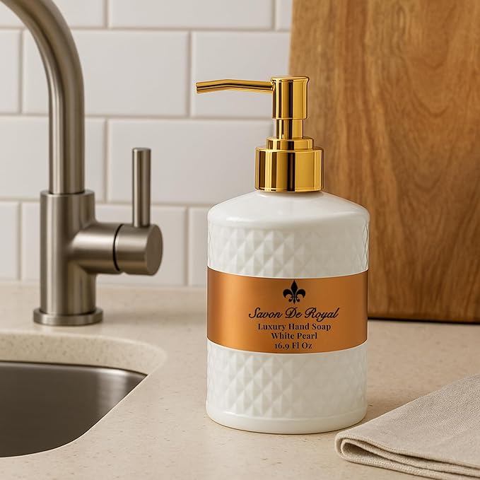 Luxury Liquid Hand Soap, Musk - Vanilla Scent, Moisturizing Vegan Kitchen & Bathroom Soap for Hand Wash, Gentle & Nourishing Formula, Refillable Bottle 16.9 Fl Oz, White Pearl