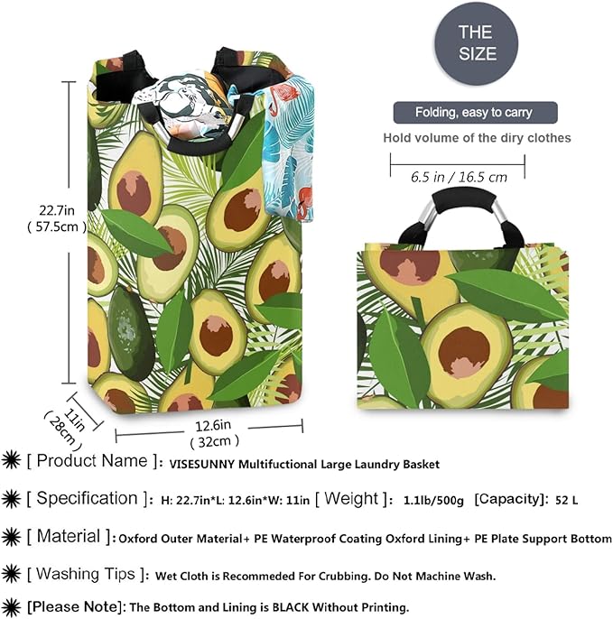 visesunny Collapsible Laundry Basket Tropical Avocado Palm Leaf Large Laundry Hamper Waterproof Foldable Fabric Dirty Clothes Toy Organizer For Bathroom Kids Room Dorm