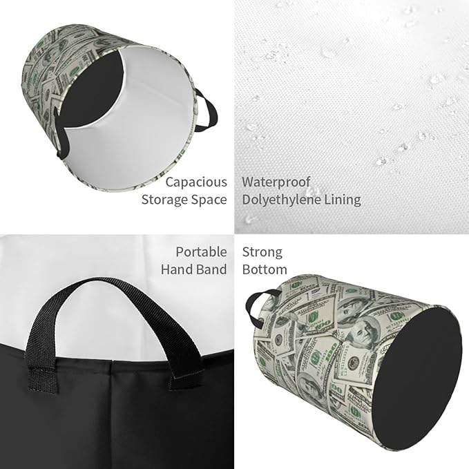 Funny Hundred Dollars Money Bills Laundry Hamper Bag With Waterproof Liner - Round Laundry Basket Foldable Clothes Storage Organizer For Bathroom Bedroom Nursery Dorm, M-19.6"X 15.7"
