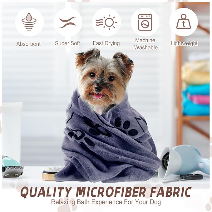 4 Pcs Dog Bath Towels Microfiber Drying Dog Towel Absorbent Pet Heart Paw Towels for Medium Dogs Puppy Cats Pets Shower(Gray, Brown, Blue, Wind Red)