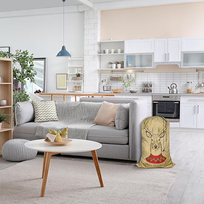 Swono Vintage Christmas Deer Drawstring Portable Large Capacity Laundry Bags Retro Merry Christmas Big Antler Yellow Bulb Travel Storage Bags for, Apartments, Vacations, College