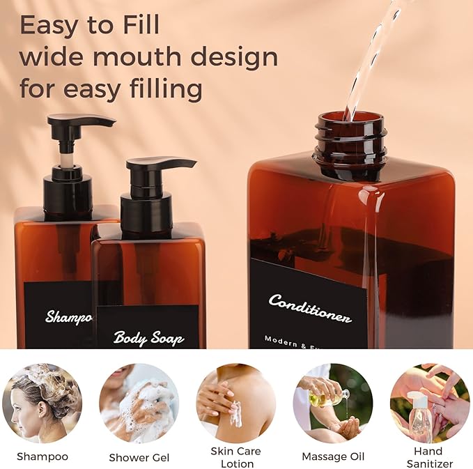 Suream Amber Shampoo and Conditioner Dispenser with Black Plastic Pump, 16.9oz Refillable Shower Bottle for Bathroom, Empty Container for Body Wash, Hand Soap, Lotion, Massage Oil