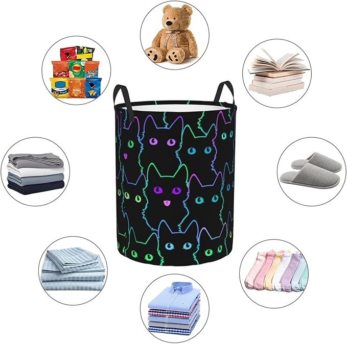 Funny Black Cats Laundry Hamper Bag With Waterproof Liner - Cute Animal Silhouettes Round Laundry Basket Foldable Clothes Storage Organizer For Bathroom Bedroom Nursery Dorm, S-16.5"X 13.8"