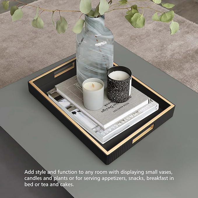 SANZIE Leather Tray Desktop Storage Organizer Premium Serving Tray Decorative Tray Valet Tray for Sundries Cosmetics Phone Wallet Cutlery (Black Holder)