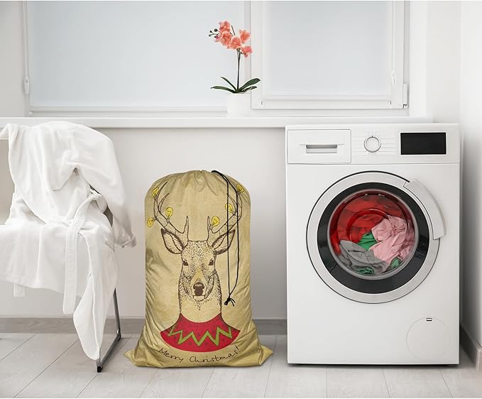 Swono Vintage Christmas Deer Drawstring Portable Large Capacity Laundry Bags Retro Merry Christmas Big Antler Yellow Bulb Travel Storage Bags for, Apartments, Vacations, College