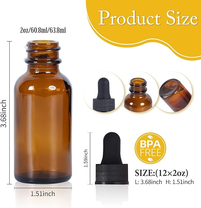 2 oz Dropper Bottle 12 Pack Amber Glass Boston Bottles 30ml with Eye Droppers Black Caps for Essential Oils, Perfume, Leak Proof Travel Bottles for Liquids