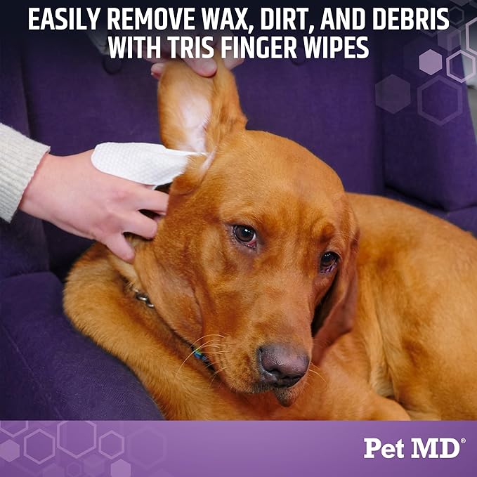 Pet MD Tris Ear Finger Wipes for Dogs & Cats - Multipurpose Cleansing Solution Cat Ear Wipes & Puppy Ear Cleaner - Pet Safe Cleaner to Clean and Remove Debris - 50ct
