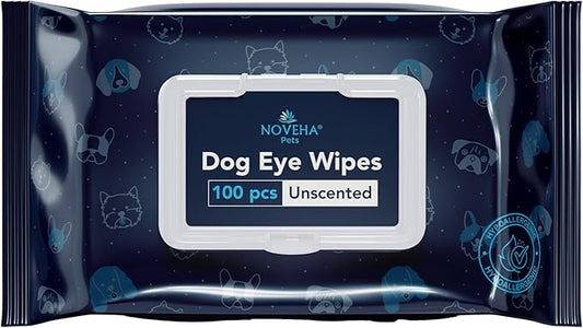NOVEHA 100PCs Dog Eye Wipes - Tear Stain Remover for Dogs - Formulated with Chamomile and Aloe to Remove Eye Debris, Tear Stains & Eye Discharge - Plant Based, Safe, and Large 5"x5" Unscented Wipes