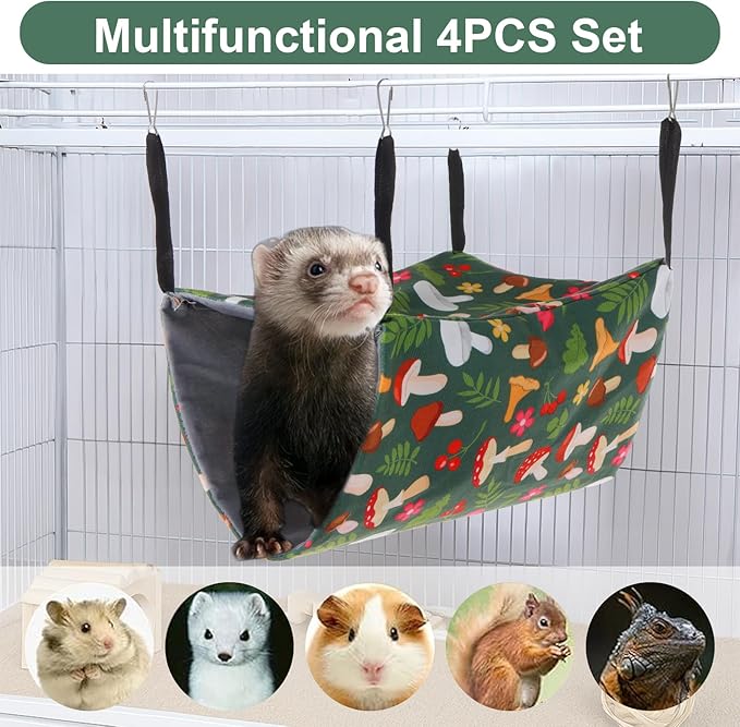 4 Pack Ferret Hammock for Cage, Small Animal Hammock Set with Mushroom Pattern, Rat Hammocks Washable Cozy Hanging Bed for Chinchilla Guinea Pig Hamster Sugar Glider Squirrel