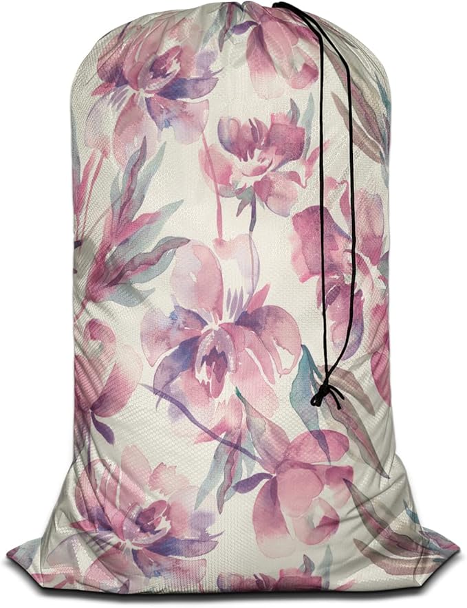 Swono Watercolor Floral Extra Large Laundry Bag with Drawstring Closure 28"x40", Leaf Plant Botanical Petal Bud Ink Flowers for Home, Dorm and Apartment Dwellers, Oxford Cloth, Pink