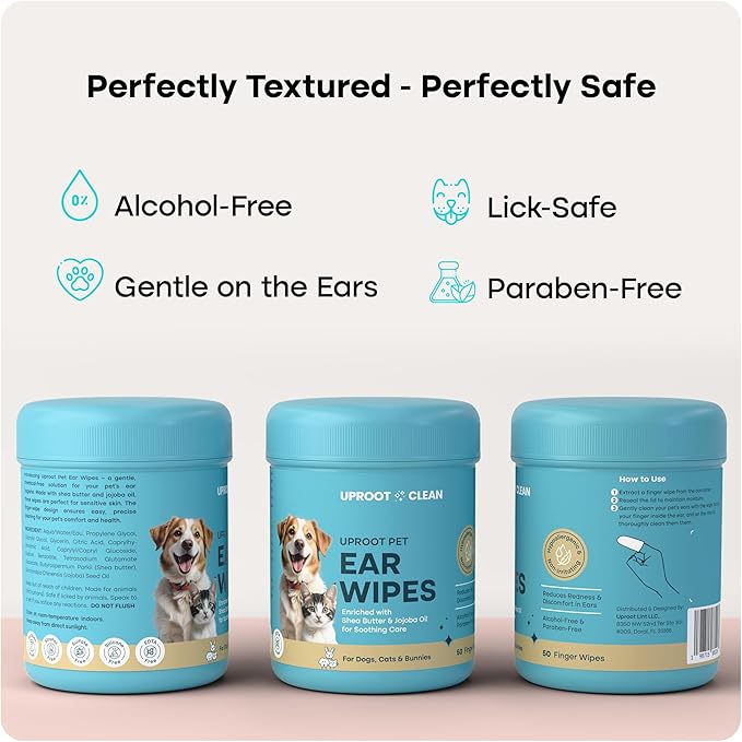 Uproot Clean Cat & Dog Ear Cleaner Finger Wipes (50ct.): Disposable Dog Ear Wipes Enriched with Shea Butter & Jojoba Oil - Cleaner Removing Wax Build Up, Help with Odor Discomfort