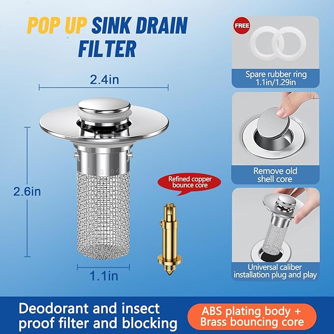 2Pcs Bathroom Sink Stopper Hair Catcher, Pop Up Sink Drain Filter with Removable Stainless Steel Filter Basket Hair Catcher, for US Bathroom Sink Stopper Replacement (2PCS)