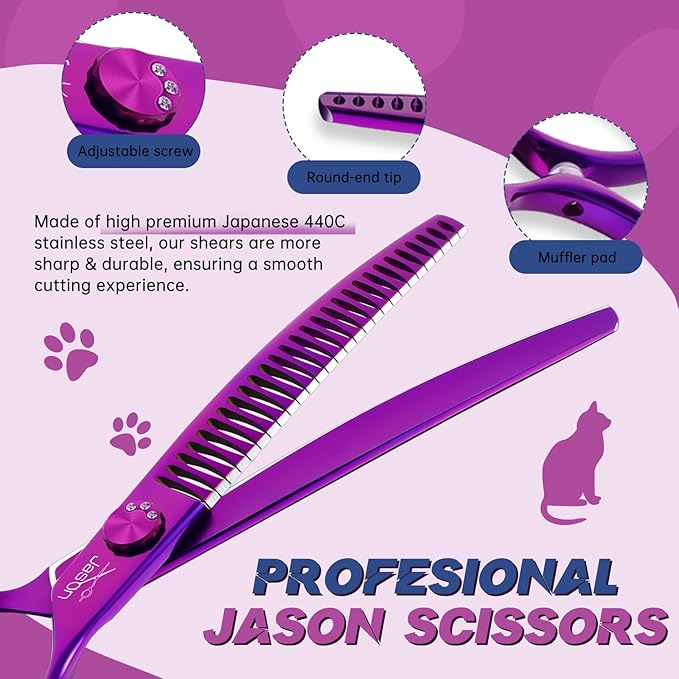 JASON 7" Ergonomic Curved Dog Scissors - Purple 440C Stainless Steel Grooming Scissors (28-Teeth, Down-Curved)
