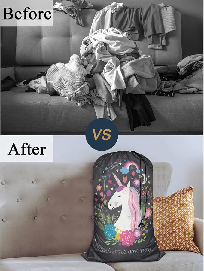 Swono Unicorn Are Real Extra Large Laundry Bag with Drawstring Closure 28"x40", Oxford Cloth, Rainbow Cartoon Fairy Star Floral for Home, Dorm and Apartment Dwellers, Magic Animal