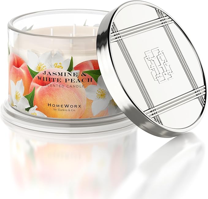 HomeWorx by SLATKIN + CO. Candle- Jasmine & White Peach, 18 oz. Premium Scented Candle - 30-55 Hours Burn Time