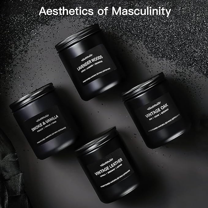 Scented Candle Set, Men Candle Set, Scented Candles for Home, Gifts for Men, 4 Pack Manly Christmas Candles Gifts for Mens Scents of Smoke Vanilla/Leather/Oak/Lavender Wood