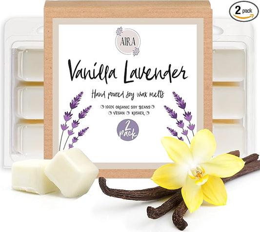 Aira Soy Wax Melt - Organic, Vegan, Kosher, Scented Soy Wax Cubes w/Essential Oil Blends - No Chemical 100% Soy Tart for Electric/Tealight Melters - Hand-Poured Soy Tarts - Vanilla Lavender - 2 Pack