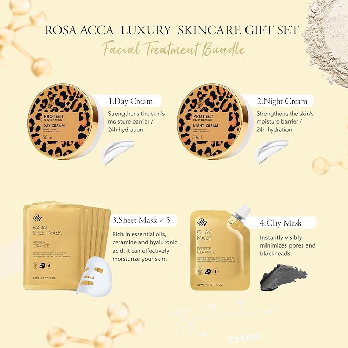 Leopard 23 Pcs Skin Care Set for Women, Bath and Body Set, Spa Gift Baskets, Birthday Gifts, Day Cream, Peptide Serum, Bath Oil, Sheet Mask, Clay Mask, Bath Bombs, Christmas, Valentines, Mother Day