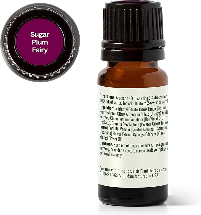 Plant Therapy Sugar Plum Fairy Holiday Essential Oil Blend 10 mL (1/3 oz) Citrus-Sweet & Floral Scent, Cheerful & Inviting, Helps Set The Mood for Relaxation