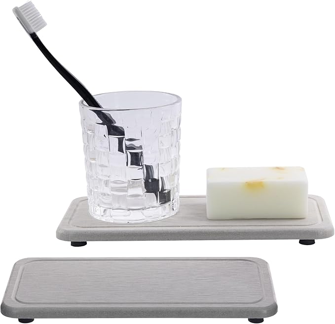 2 Pcs Water Absorbing Stone Trays, Kitchen/Bathroom Sink Soap Dish, Diatomite Tray Used for Hand Soap & Cosmetic Bottles in The Modern Home, 4" W x 8.3" L, Gray