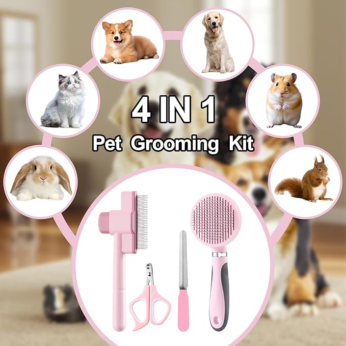 Cat Grooming Kit, 4-in-1 Cat Grooming Tools with Cats Brush, Flea Comb, Nail Clipper & Trimmer - Deshedding & Dematting for Pets Hair and Paws, Pet Shedding Set for Indoor Dogs & Cats (Pink)