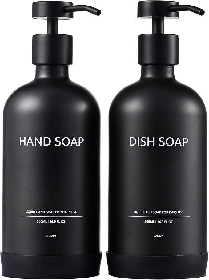 Kitchen Soap Dispenser Set with Non-Slip Protective Silicone Pad,Hand Soap Dispenser for Kitchen and Bathroom Decor, Black Kitchen Accessories (Black Bottles +Black Pumps)