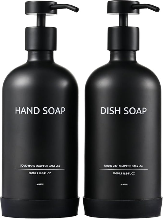 Kitchen Soap Dispenser Set with Non-Slip Protective Silicone Pad,Hand Soap Dispenser for Kitchen and Bathroom Decor, Black Kitchen Accessories (Black Bottles +Black Pumps)