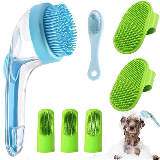 7 PCS Pet Bath Brush Set, Dog Bath Brush with Shampoo Dispenser, Cat Chin Cleaning Brush, Dog Toothbrush, Adjustable Glove Massage Brush, Pet Scrubber for Bathing Long Short Haired Dogs Cats