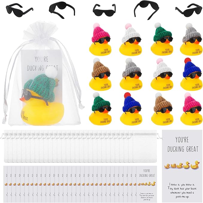 Deekin 30 Sets Thank You Gift Set You're Ducking Great Cheer up Cards Mini Rubber Ducks with Glasses and Hats with Card Organza Bags Bulk Toy for Cruises Kids Coworkers(Delicate,Lively Color)