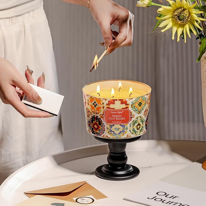 HomeLights 4-Wick Candles for Home Scented - 18oz Soy Wax Blend Candle Long-Lasting Fragrance, Bohemian Natural Textures Home Decor and Housewarming Gifts, Fresh Cut Roses